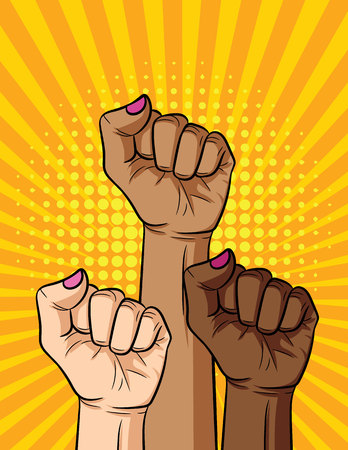Vector retro pop art comic style illustration of woman's fist different nationalities and skin color.のイラスト素材