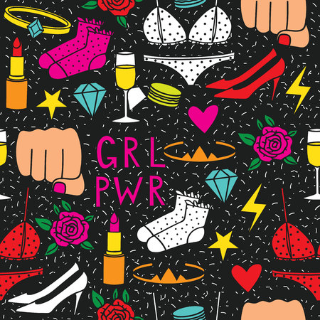 Vector hand drawn drawing doodle seamless pattern with the inscription "Girl's power" and female things isolated on black background. Design of wallpaper about woman powerのイラスト素材