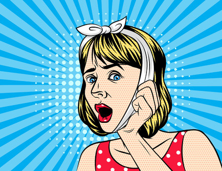 Vector retro illustration pop art comic style of a emotional woman with open mouth. Girl have teeth painのイラスト素材