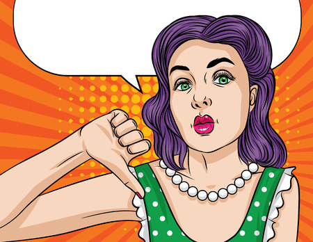 Vector pop art comic style illustration of a beautiful young woman keep finger down. retro style girl showing dislikeのイラスト素材