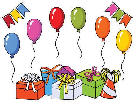 Vector colorful set for birthday card. Template for design with celebration elements: gifts, ballons, ribbonsのイラスト素材