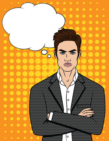 Vector colorful illustration comic art style of angry businessman  with crossed arms. Furious  boss  in office suit standing in front over dot backgroundのイラスト素材