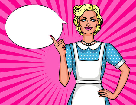 Vector comic pop art style illustration of pretty cute housewife pointing finger up. Poster 50's of Young smiling woman in apron.のイラスト素材