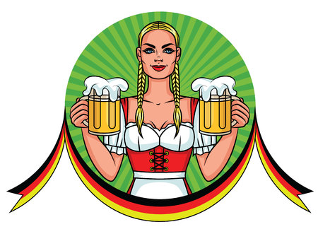 Vector colorful cartoon art illustration of a pretty waitress with a mug of beer over green background. The banner of a beautiful waitress from Oktoberfest festival with a Germany flag ribbon designのイラスト素材