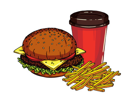 Vector colorful set of a fast food and drink isolated from white background. Delicious fresh american cheeseburger with french fries and cup of soda.のイラスト素材