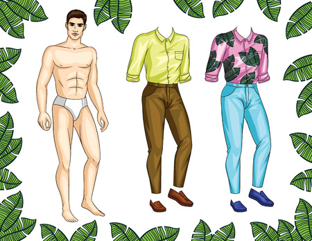 Vector paper doll man with colorful set of stylish summer clothes and shoes. Handsome fit guy with trendy casual tropical pattern outfit for holidayのイラスト素材