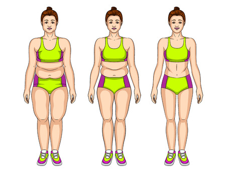Vector colorful illustration of young woman before and after slimming. Steps Body transformation of a girlのイラスト素材