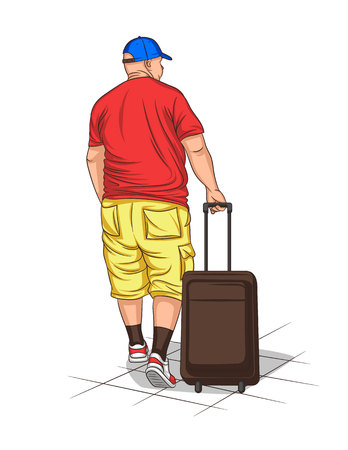 Vector colorful illustration of an adult european man walking with a luggage. Fat traveller with suitcase wearing summer clothesのイラスト素材