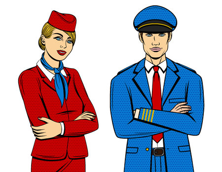Vector colorful pop art comic style illustration of pilot and stewardess standing with crossed hands isolated from white background. Smiling people wearing uniform with hat and scarfのイラスト素材
