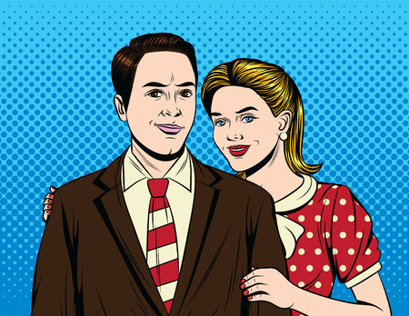 Vector colorful comic pop art style illustration about two fall in love people. Beautiful young girl in red dress hugging a handsome guy in suitのイラスト素材