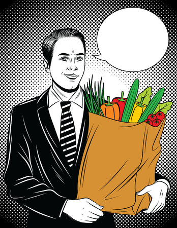 Vector comic pop art style illustration of a young businessman with full paper bag of fresh vegetables . Handsome guy doing grocery shoppingのイラスト素材