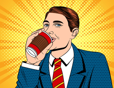 Vector colorful pop art comic style illustration of a businessman in drinking a coffee. Portrait of young handsome guy in suit with paper cup of hot drinkのイラスト素材