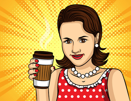 Vector colorful pop art comic style illustration of a pretty woman in red dress drinking a coffee. Portrait of young beautiful lady with paper cup of hot drinkのイラスト素材
