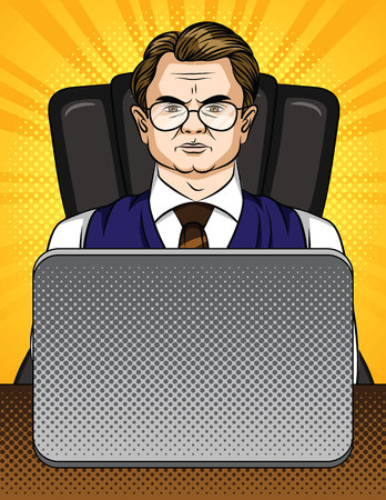 Vector comic pop art style illustration of a businessman sitting at the computer in office. Boss is working in his cabinetのイラスト素材