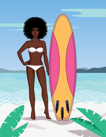 Vector colorful illustration of a beautiful girl with a surfboard on the beach. African American woman surfing at the resort with a view of blue water and white sandのイラスト素材