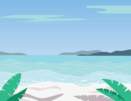 Vector colorful flat style illustration of beautiful beach. Summer sunny day on resort with view in blue water and white sandのイラスト素材