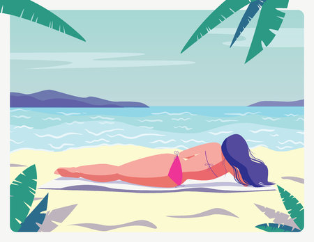 Vector colorful flat style illustration of a beautiful girl sunbathing on the beach. Vintage postcard with a view of a girl in a bikini, blue water and white sandのイラスト素材