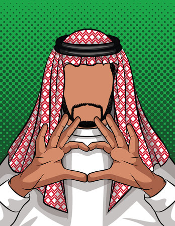 Vector colorful template of Arabic man making sign of heart from his fingers. Muslim traditional man showing love. Man from Saudi Arabia keep hands close up in heart shapeのイラスト素材