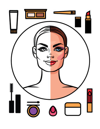 Vector colorful illustration of a woman's face with  products for make up. Set of make up icons at flat style isolated from white backgroundのイラスト素材