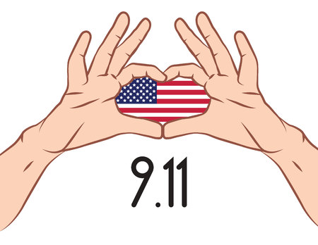 Vector colorful illustration of American Patriot day. Banner with american flag inside human's hands. Sign of love and memory after 11th september tragedyのイラスト素材