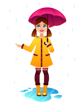 Vector colorful illustration of a little girl wearing raincoat and rubber boots. Pretty young girl happy under umbrella at rainy weather. Character of a smiling child standing at a puddleのイラスト素材
