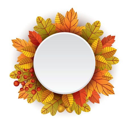 Vector colorful template for banners, greetings cards and flyers with autumn leaves. Design elements with  leaves behind circle's shape isolated from white backgroundのイラスト素材