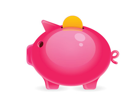 Vector colorful illustration of a piggy bank with a gold coin on top. realistic drawn Pink funny pig with gold coin inside isolated from white backgroundのイラスト素材