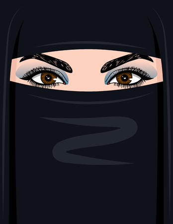 Vector colored illustration of an Arab woman in hijab. The eyes of a beautiful woman in a black scarf from Saudi Arabia. Design for a flyer or a label traditional Islamic women's clothingのイラスト素材