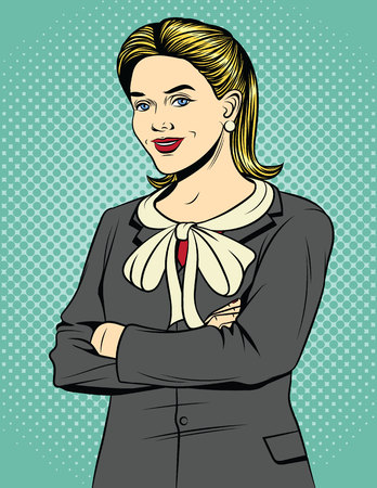 Vector colored pop art comic style illustration of a business woman standing with arms crossed. Beautiful blonde woman in an office suit is smiling. Vintage poster of a successful woman office workerのイラスト素材
