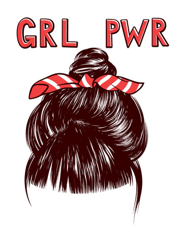 Vector sketch of a woman's hair bundle with the inscription grl pwr. Design elements for printing on T-shirts, flyers and banners. Top view of a female head with a bundle of hair and a bandageのイラスト素材