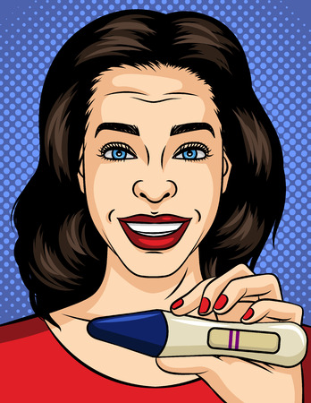 Color vector pop art style illustration. Happy girl holds in her hand a pregnancy test. A beautiful girl finds out that she is pregnant. Positive pregnancy test in mother's handのイラスト素材