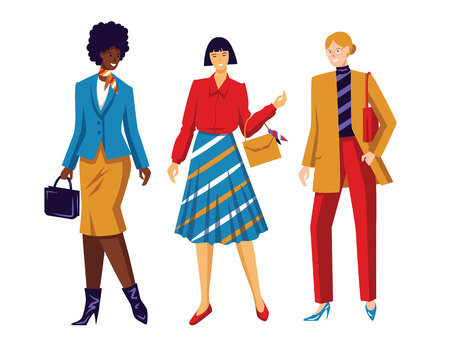 Color vector flat style illustration. Women's team. Conceptual poster about female power and equal rights. Working girls of different nationalities. A group of girls of different races isolatedのイラスト素材