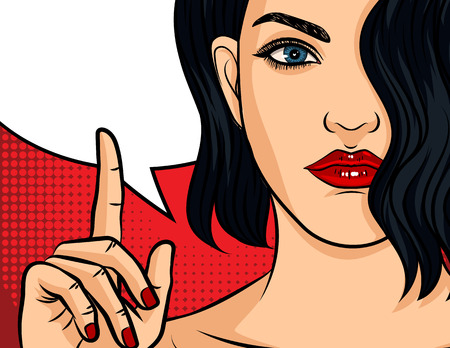 Color vector pop art comic style illustration. Girl with red lipstick on red dotted background. Beautiful young woman points finger up. Girl making hand gesture. Brunette girl with wavy hairのイラスト素材