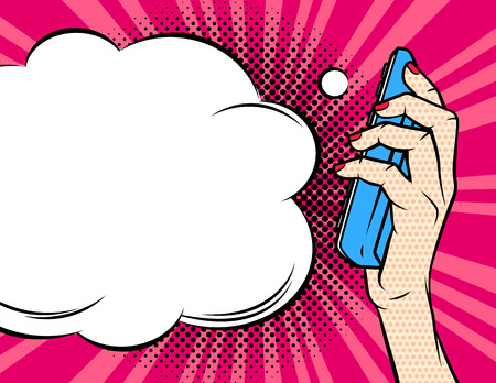 Color vector illustration in the style of pop art. Female hand is holding a telephone receiver on a dotted background. Flyer design for support center. Telephone communication with a speech bubbleのイラスト素材