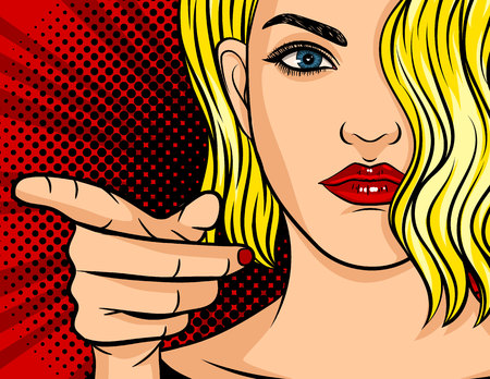Colorful vector poster in pop art style. Her girl points her finger at you. Beautiful young woman with red lips and blond hair shows a gesture of choice. Girl points a finger forwardのイラスト素材