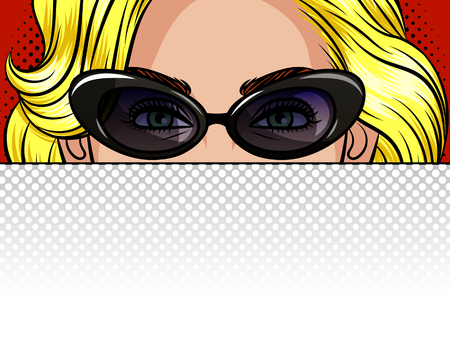 Color vector illustration of the girl behind a white sheet of paper. Poster in the style of pop art beautiful blonde in vintage glasses. Beautiful female face. Empty place for inscriptions, advertising, announcementsのイラスト素材