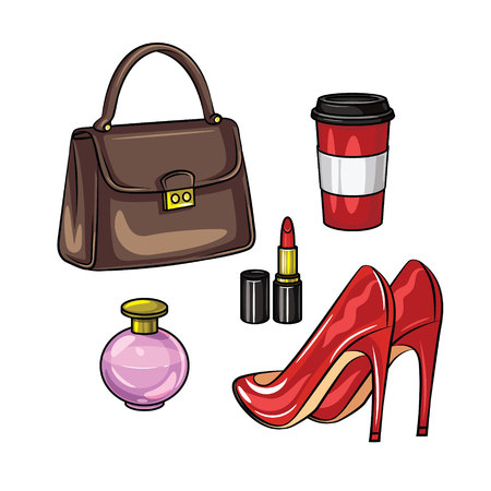 Color vector realistic illustration of women's wardrobe items. A set of women's accessories isolated from white background. Handbag, perfume, lipstick, a cup of coffee and red leather shoesのイラスト素材