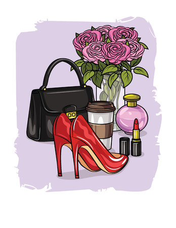 Color vector realistic illustration of shoes, cosmetics, accessories for women. Set of women's wardrobe items. Design elements for womenのイラスト素材