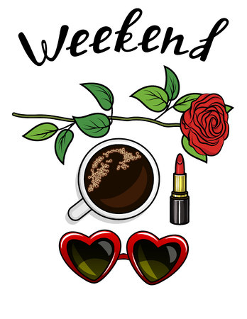 Color vector illustration with female wardrobe and weekend inscription. Design with t-shirt, flyer, card. A set of woman's accessories.のイラスト素材