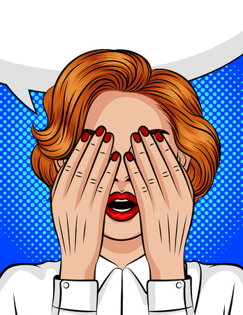 Color vector pop art style illustration of a girl with an open mouth covering her face with her hands. Emotions of fear, anger, pain, frustration. The girl's eyes closed in anticipation of a surprise.のイラスト素材