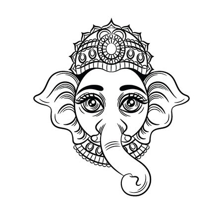 Vector black white illustration of an indian god with an elephant head. Indian deity Ganesh. Sketch for tattoo head of an elephant. Icon, symbol for yoga studio isolated on white backgroundのイラスト素材