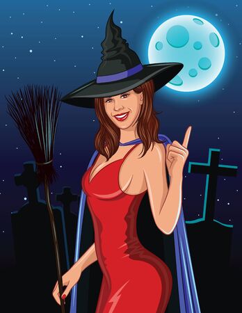 Color vector in realistic style Halloween illustration. Sexy witch with broom smiling and pointing finger up. Beautiful young witch in a hat and cloak against the backdrop of a cemetery and moonlightのイラスト素材