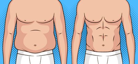Color vector pop art style illustration of a man before and after weight loss. Flat stomach against the fat belly. Poster about healthy eating and lifestyle. Athletic male figure after weight lossのイラスト素材