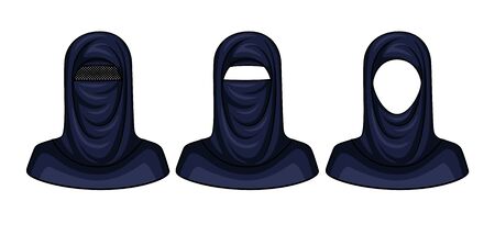Vector color illustration of a headdress of arab women. A traditional scarf on the head for Muslim women. Set of vector avatars for arab women isolated from background. Types of Islamic Headscarvesのイラスト素材