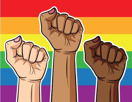 Color vector illustration fist of different color of skin on rainbow background. Poster about the struggle of the LGBT community of different races on the background of the rainbow flag.のイラスト素材