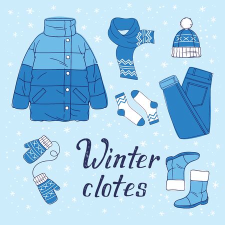 Vector illustration of winter wardrobe and hand drawn phrase for print, sticker, decor. Flat style Illustrations of warm clothesのイラスト素材