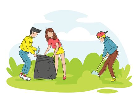 Color vector illustration of a style about environmental protection. Volunteer teenagers collect garbage together in the park. Landing page concept, template, user interface, eco website.のイラスト素材