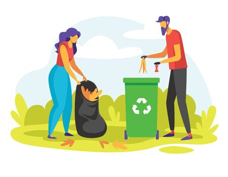 Color vector illustration of people collecting rubbish outdoors. Flat style concept for flyer, web page banner. A man and a woman separate trash into  containers.のイラスト素材