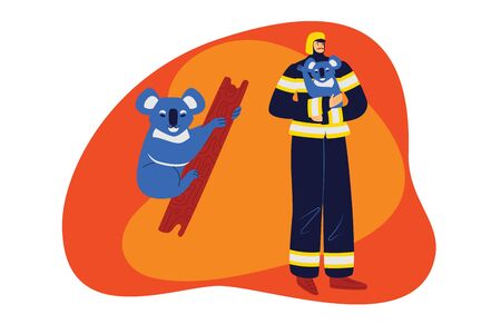 Color vector illustration flat style. A firefighter in uniform and helmet helps a koala. Web banner, web page, landing page concept. Helping animals in case of fireのイラスト素材
