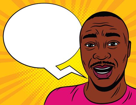 Color vector illustration in comic pop art style. Male surprised face with a speech bubble in the background. African American man in shock. Emotional male face close-upのイラスト素材